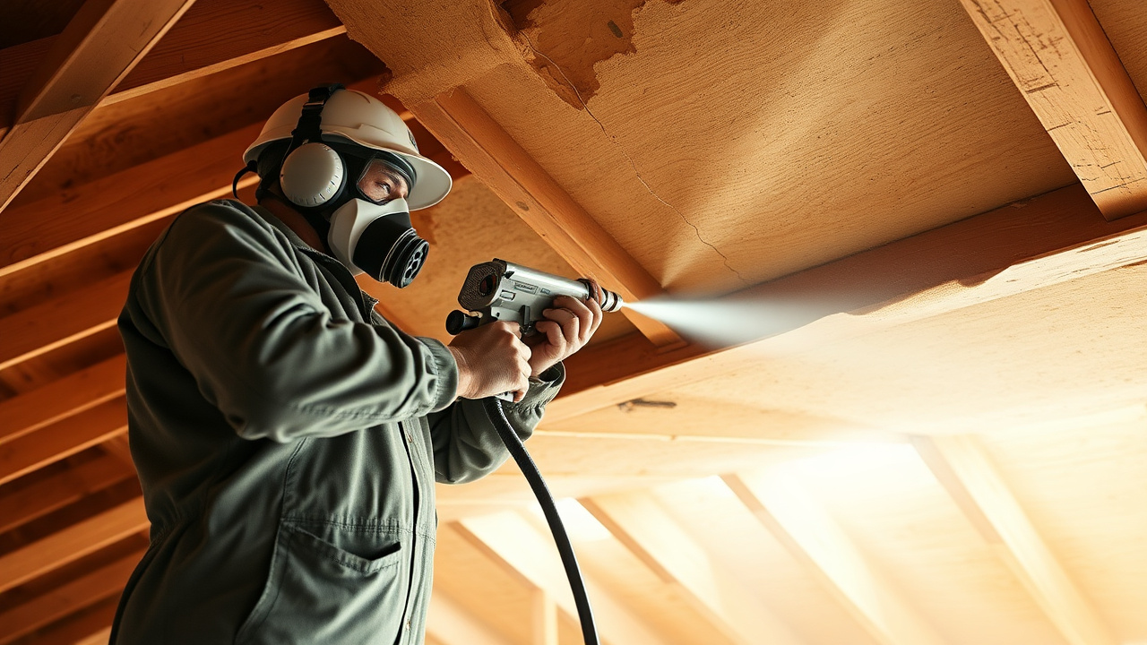 Technician spray-applying closed-cell spray foam insulation to a roof deck in a Casa Grande, Arizona attic
